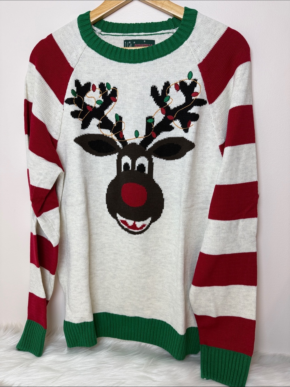 Men’s Festive Reindeer Crewneck Ugly Christmas Sweater - Red, White & Green L